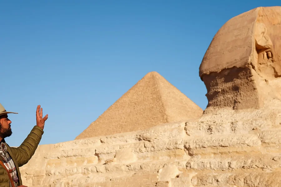 The Great Sphinx of Giza and an ancient pyramid under a clear blue sky, with a 'Nobles of Egypt' plaque.